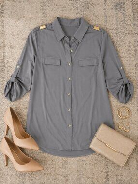Grace Grey Button Down Top NWT Casual Comfortable